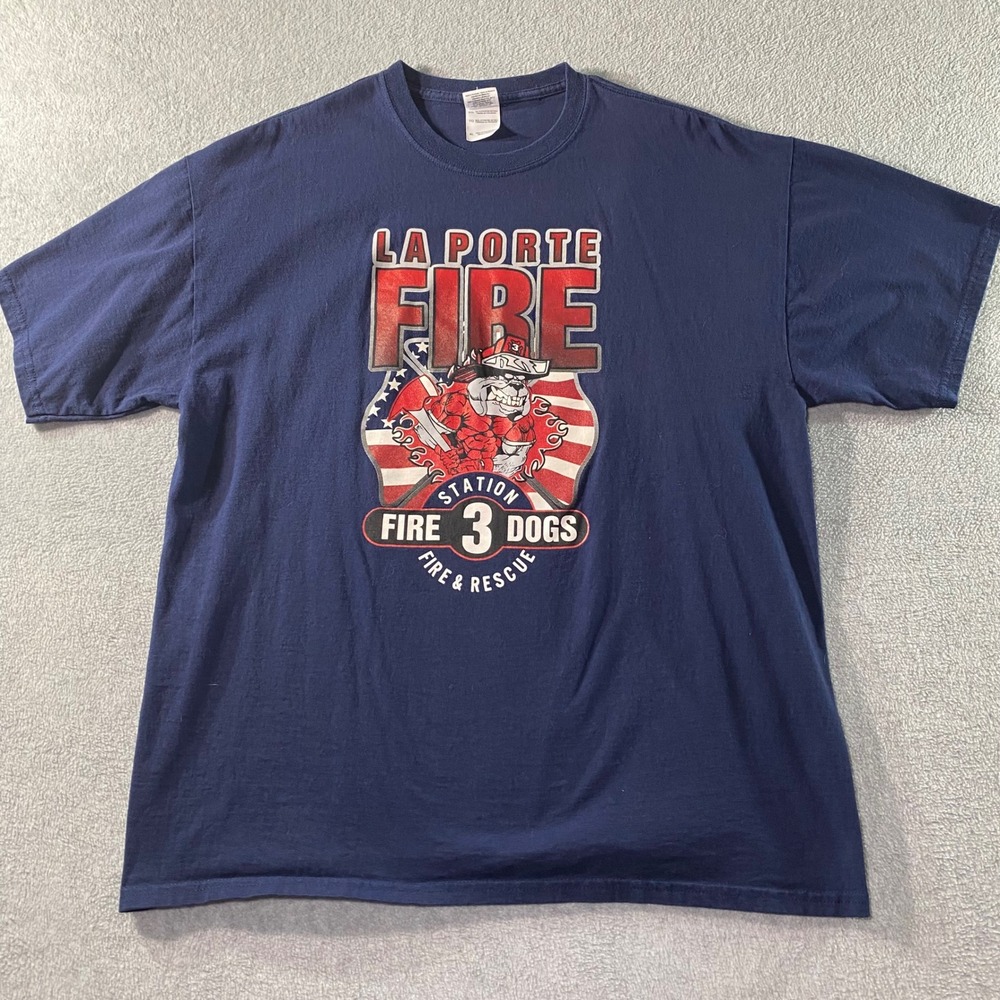 Gildan T Shirt Men's XL Navy Blue La Porte Fire Station 3 Dogs Graphic Tee EUC